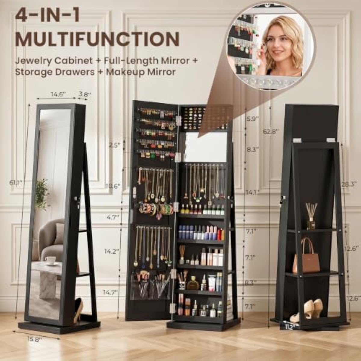 Elegant Black Standing Jewelry - Full Length Mirror Jewelry Armoire ulasan dan harga