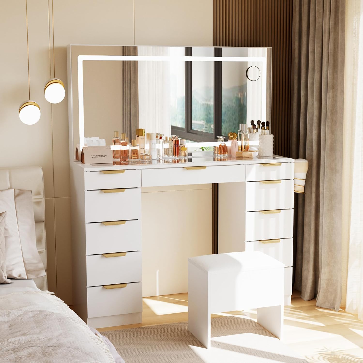 Glass Top Vanity Desk with Mir - Dressing Table Vanity With Lighted Mirror ulasan dan harga