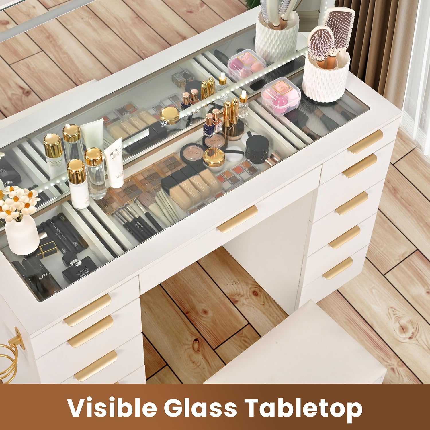 Glass Top Vanity Desk with Mir - Dressing Table Vanity With Lighted Mirror ulasan dan harga